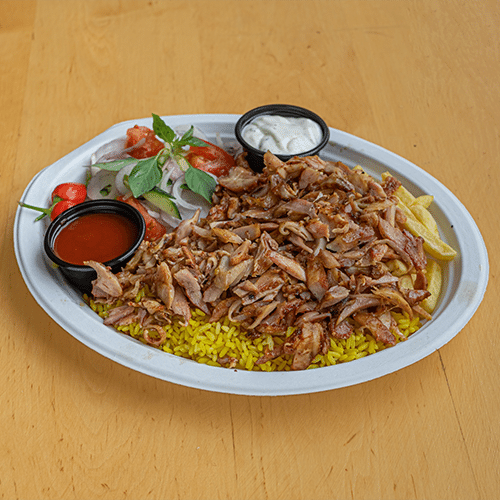 Kebap z frytkami i ryżem