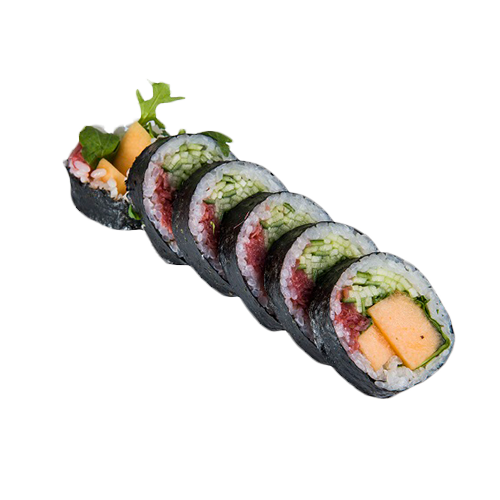 Futomaki melon z ogórkiem i konfiturą imbirowo-malinową, rukolą
