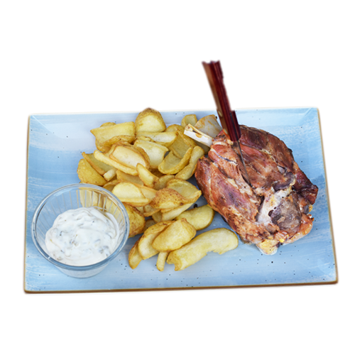 Pork knuckle with potato chips and pickled cabbage salad