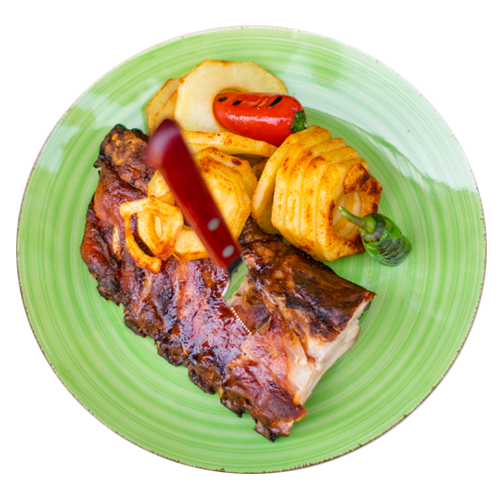 Hot pork ribs with spiraled potatoes