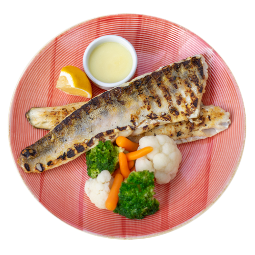 Grilled trout with broccoli, cauliflower and baby carrot