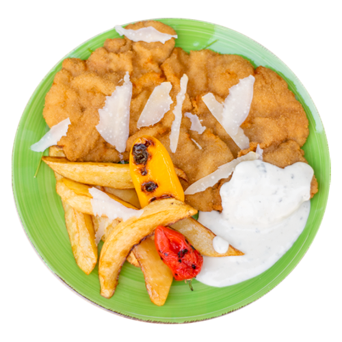Pork schnitzel with gorgonzola sauce and fries