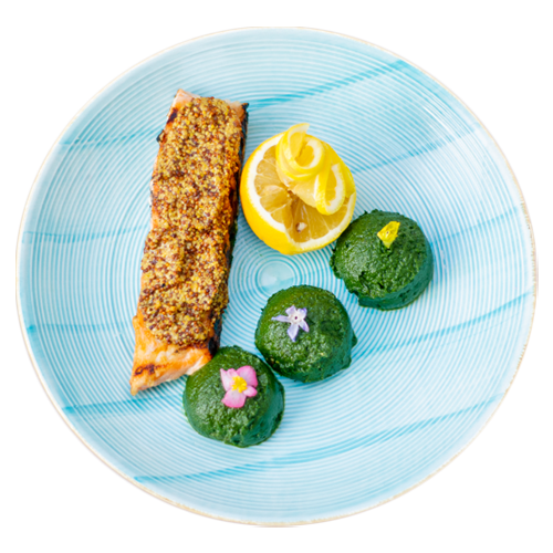 Salmon fillet in dijon crust with french spinach